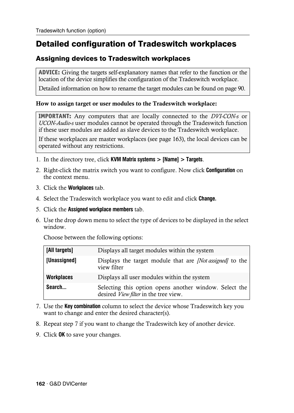 Detailed configuration of tradeswitch workplaces, Assigning devices to tradeswitch workplaces | Guntermann & Drunck DVICenter DP16 Config Panel User Manual | Page 164 / 196