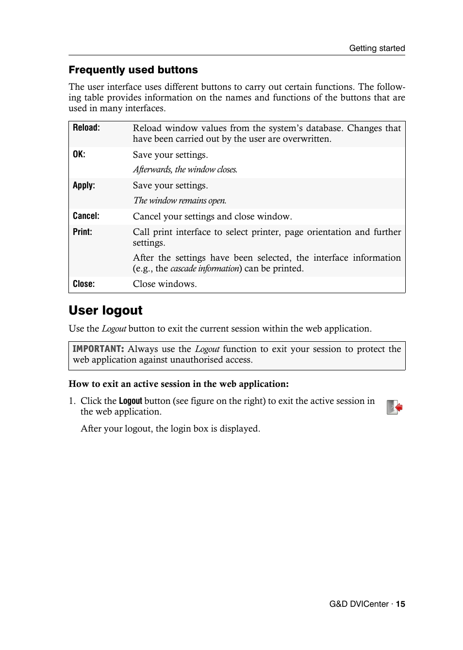 Frequently used buttons, User logout | Guntermann & Drunck DVICenter DP16 Config Panel User Manual | Page 17 / 196