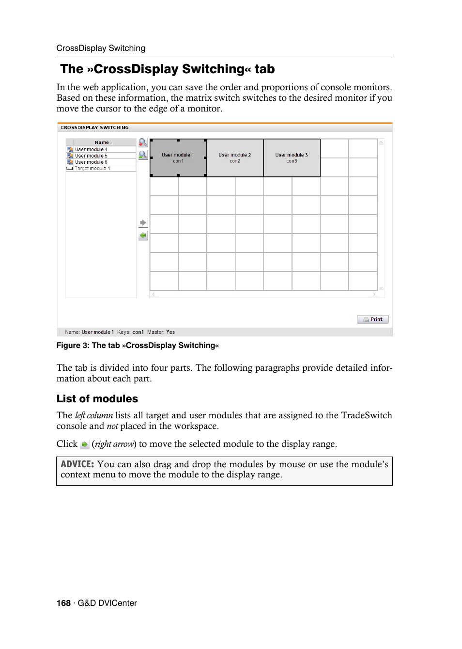 The »crossdisplay switching« tab, List of modules | Guntermann & Drunck DVICenter DP16 Config Panel User Manual | Page 170 / 196