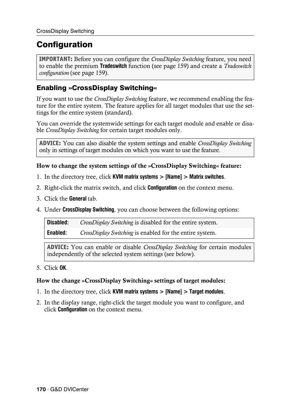 Configuration, Enabling »crossdisplay switching | Guntermann & Drunck DVICenter DP16 Config Panel User Manual | Page 172 / 196