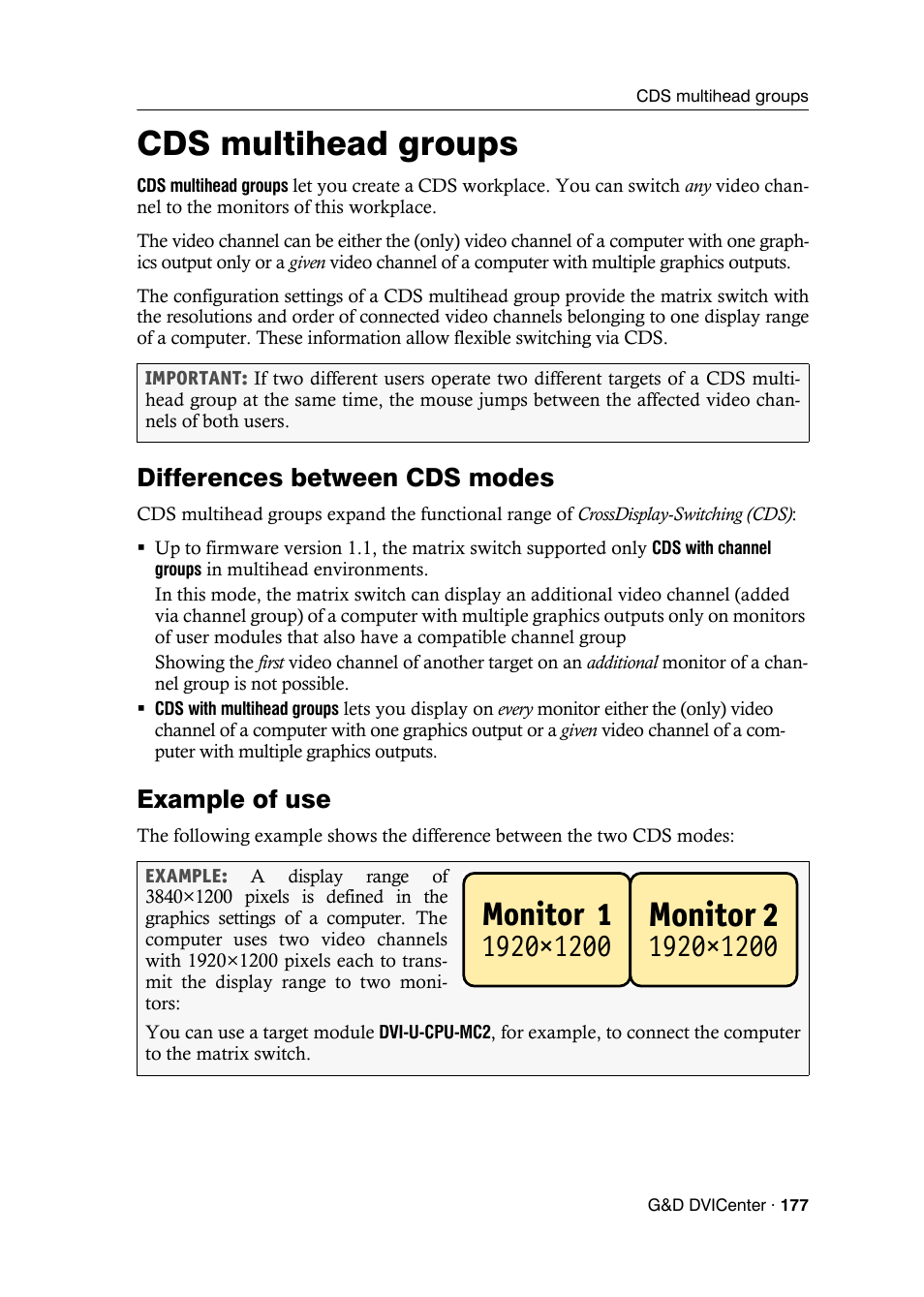 Cds multihead groups, Differences between cds modes, Example of use | Differences between cds modes example of use, Monitor 2, Monitor 1 | Guntermann & Drunck DVICenter DP16 Config Panel User Manual | Page 179 / 196
