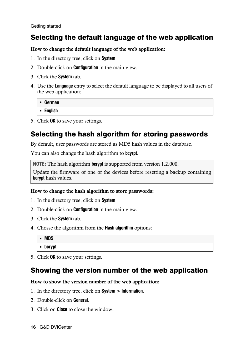 Selecting the hash algorithm for storing passwords, Showing the version number of the web application | Guntermann & Drunck DVICenter DP16 Config Panel User Manual | Page 18 / 196