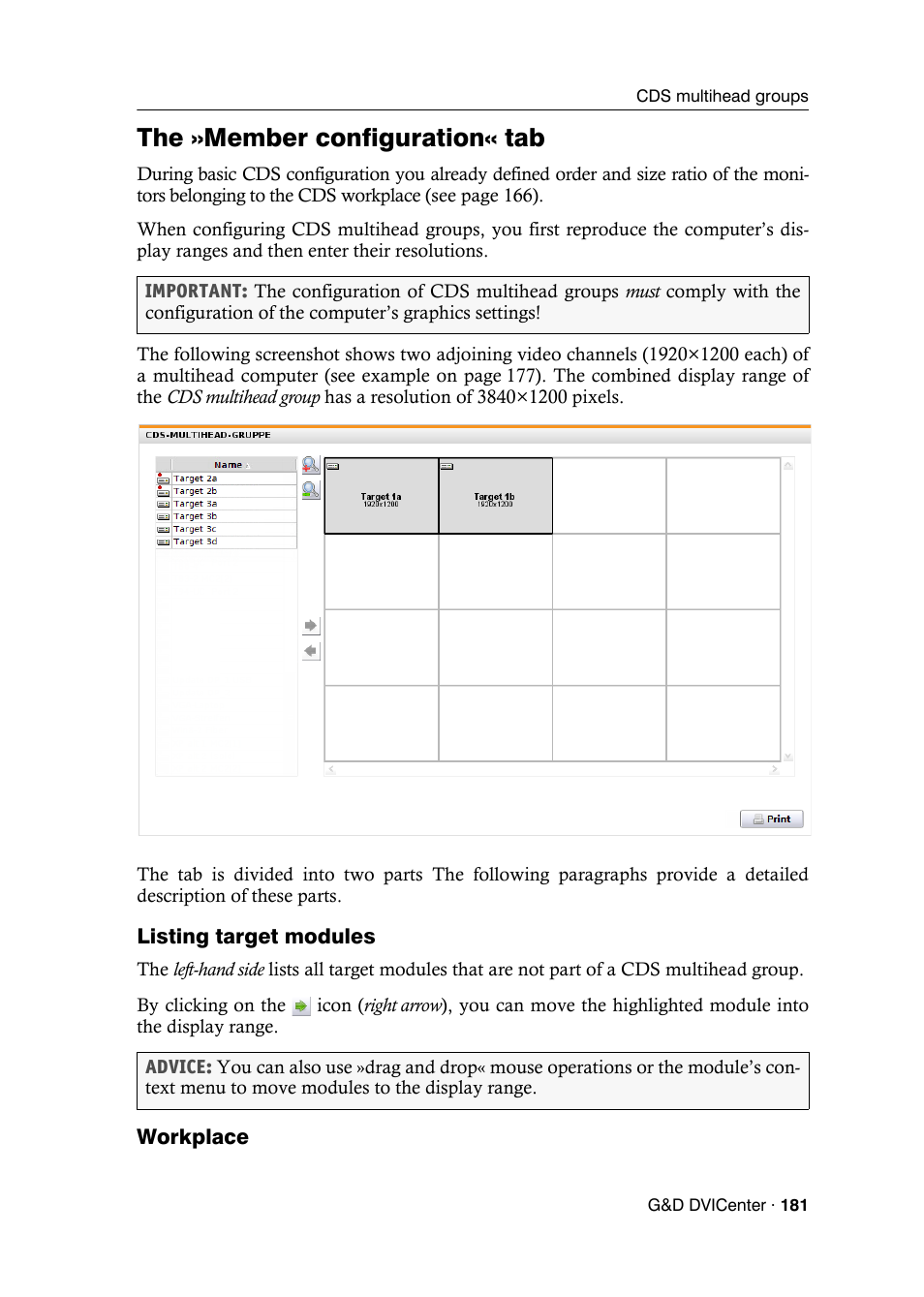 The »member configuration« tab, Listing target modules, Workplace | Guntermann & Drunck DVICenter DP16 Config Panel User Manual | Page 183 / 196