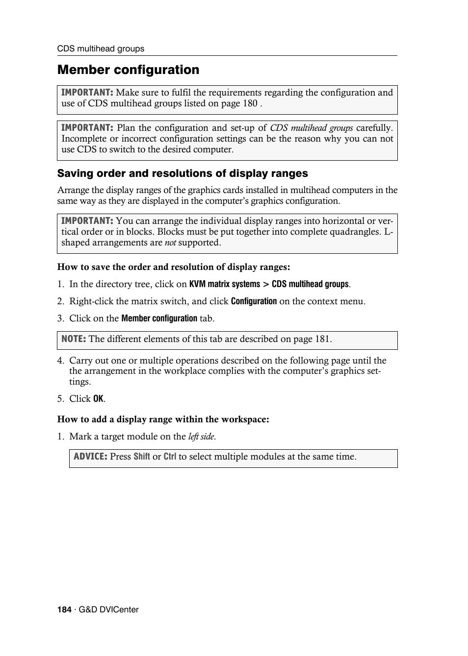Member configuration, Saving order and resolutions of display ranges | Guntermann & Drunck DVICenter DP16 Config Panel User Manual | Page 186 / 196