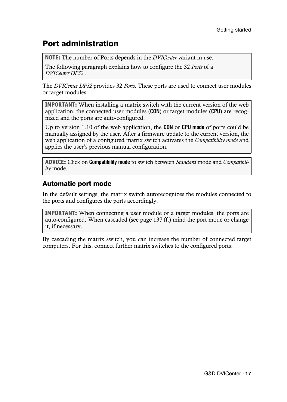Port administration, Automatic port mode | Guntermann & Drunck DVICenter DP16 Config Panel User Manual | Page 19 / 196