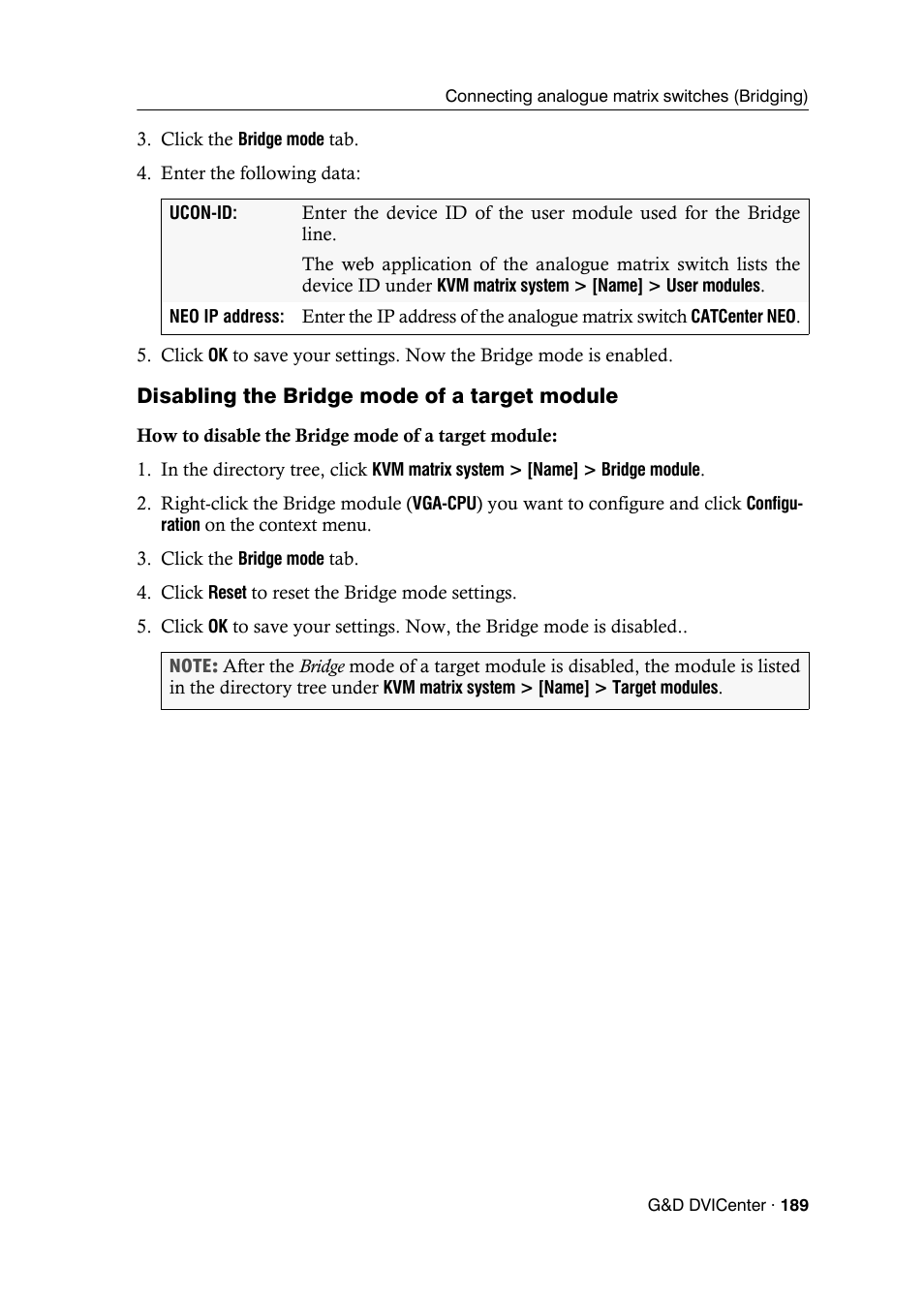 Disabling the bridge mode of a target module | Guntermann & Drunck DVICenter DP16 Config Panel User Manual | Page 191 / 196