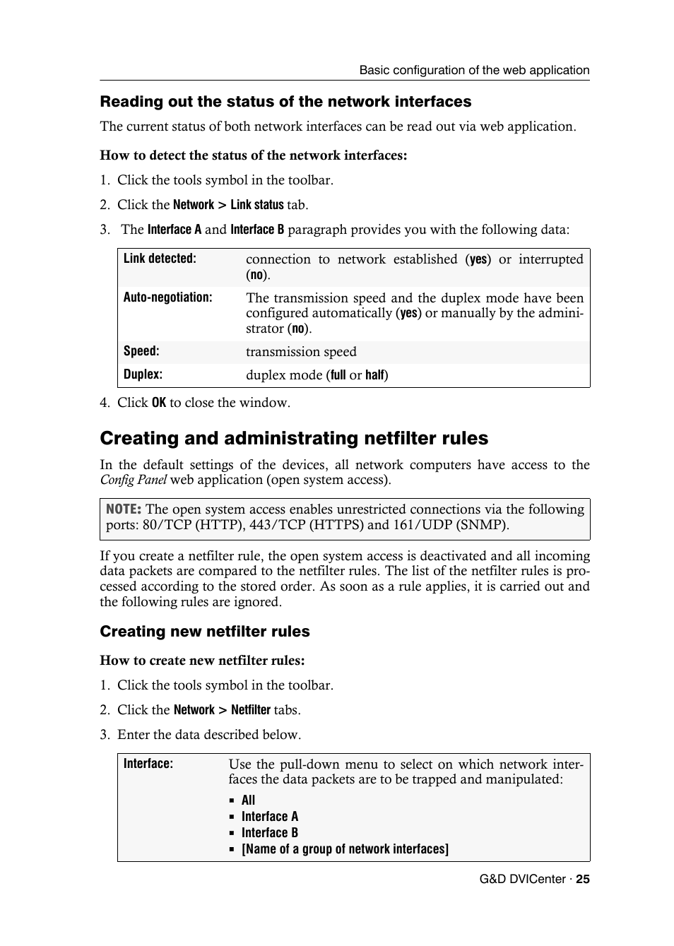 Reading out the status of the network interfaces, Creating and administrating netfilter rules, Creating new netfilter rules | Guntermann & Drunck DVICenter DP16 Config Panel User Manual | Page 27 / 196