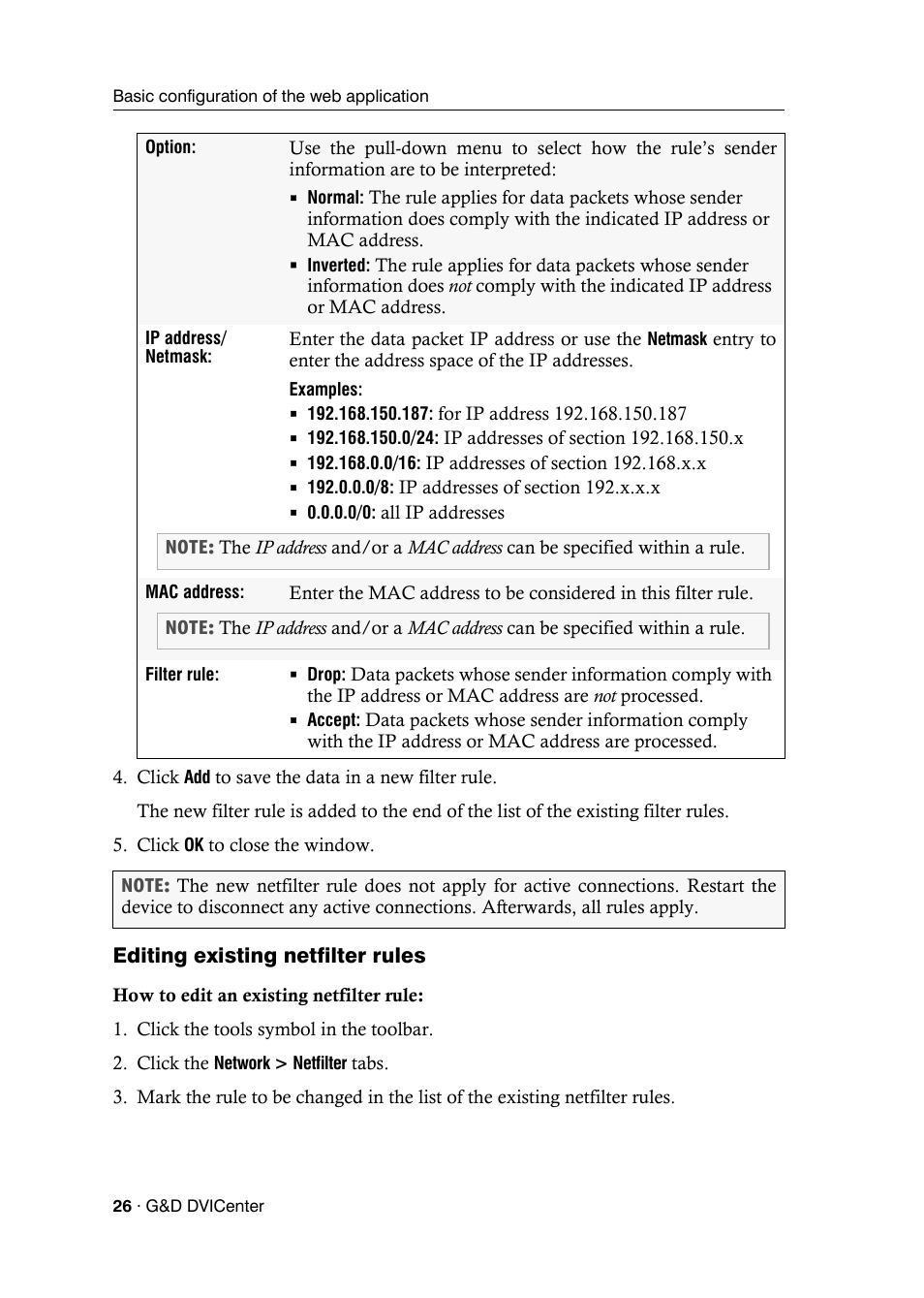 Editing existing netfilter rules | Guntermann & Drunck DVICenter DP16 Config Panel User Manual | Page 28 / 196