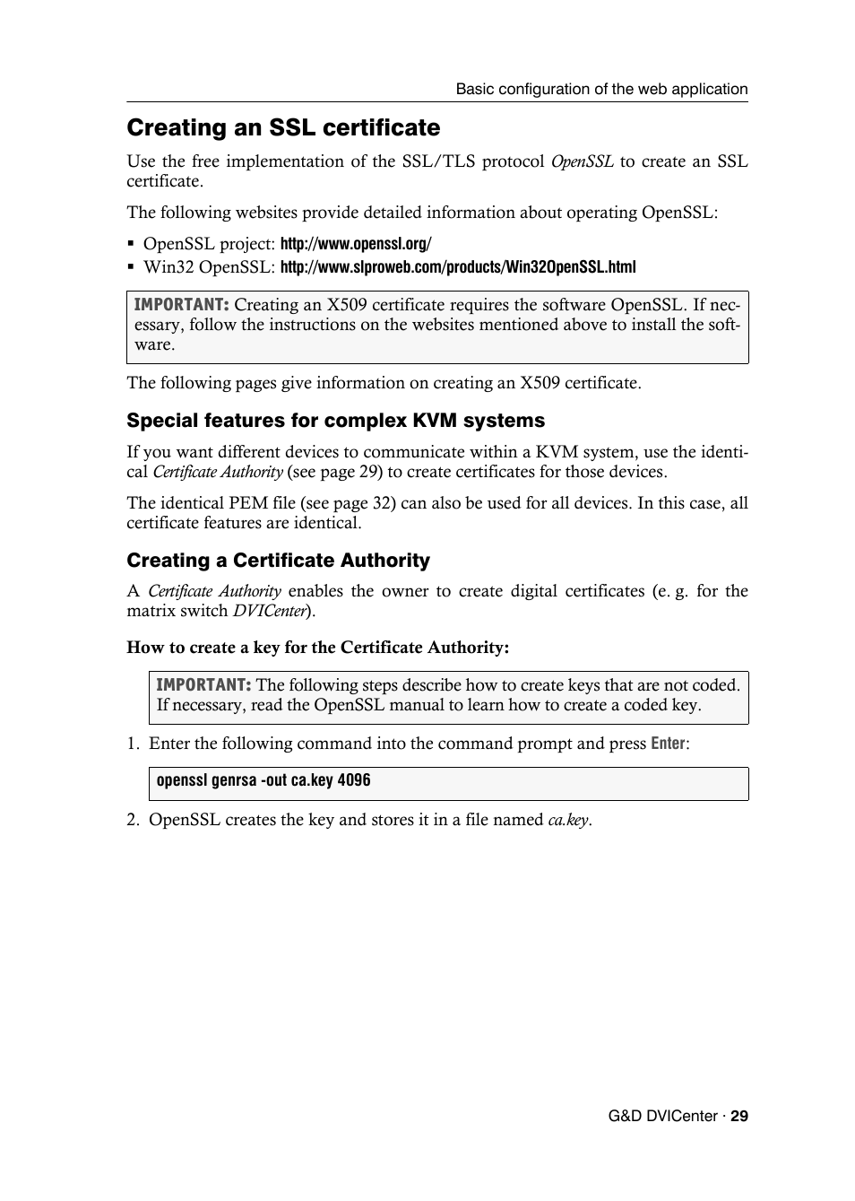 Creating an ssl certificate, Special features for complex kvm systems, Creating a certificate authority | Guntermann & Drunck DVICenter DP16 Config Panel User Manual | Page 31 / 196