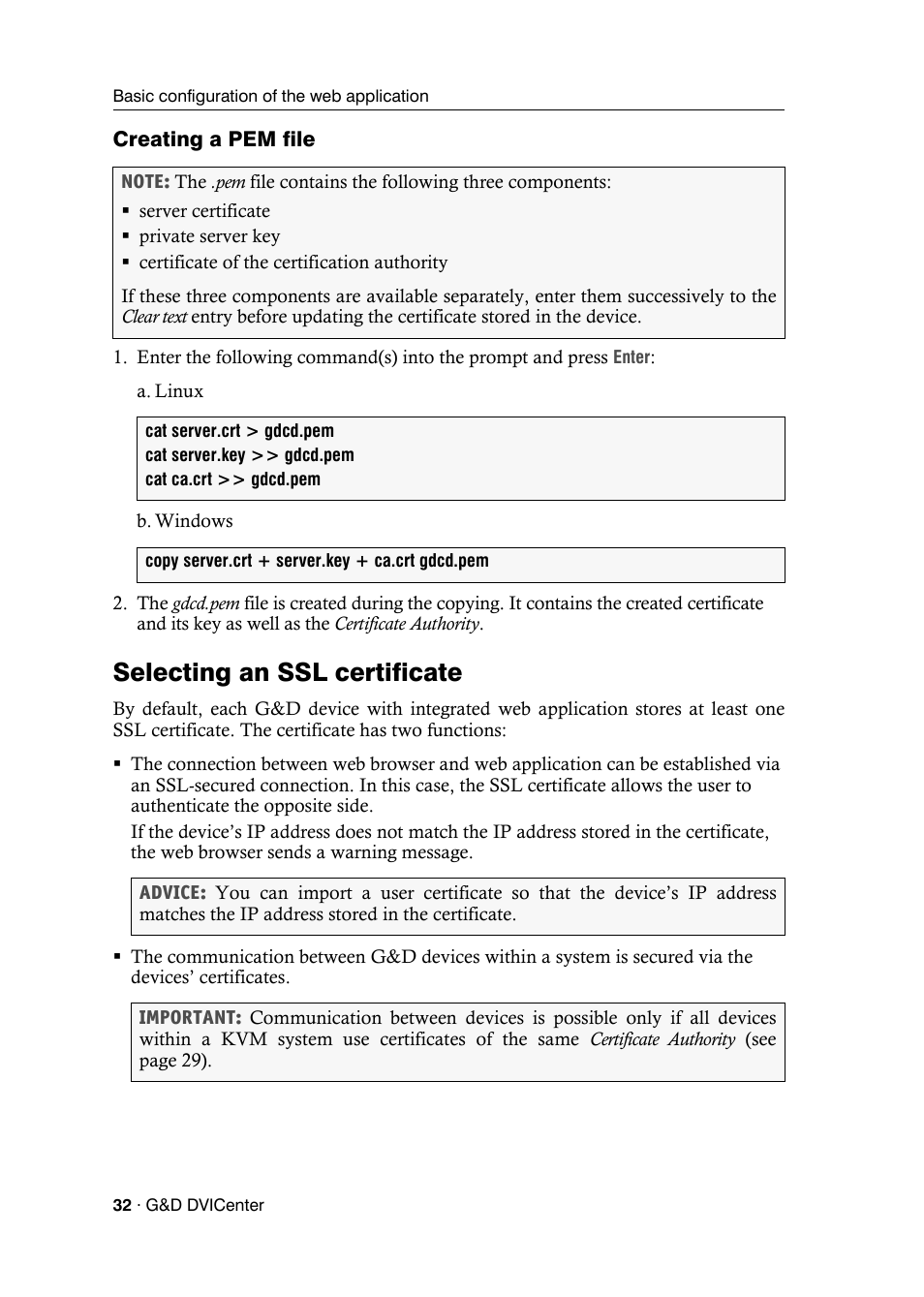 Creating a pem file, Selecting an ssl certificate | Guntermann & Drunck DVICenter DP16 Config Panel User Manual | Page 34 / 196