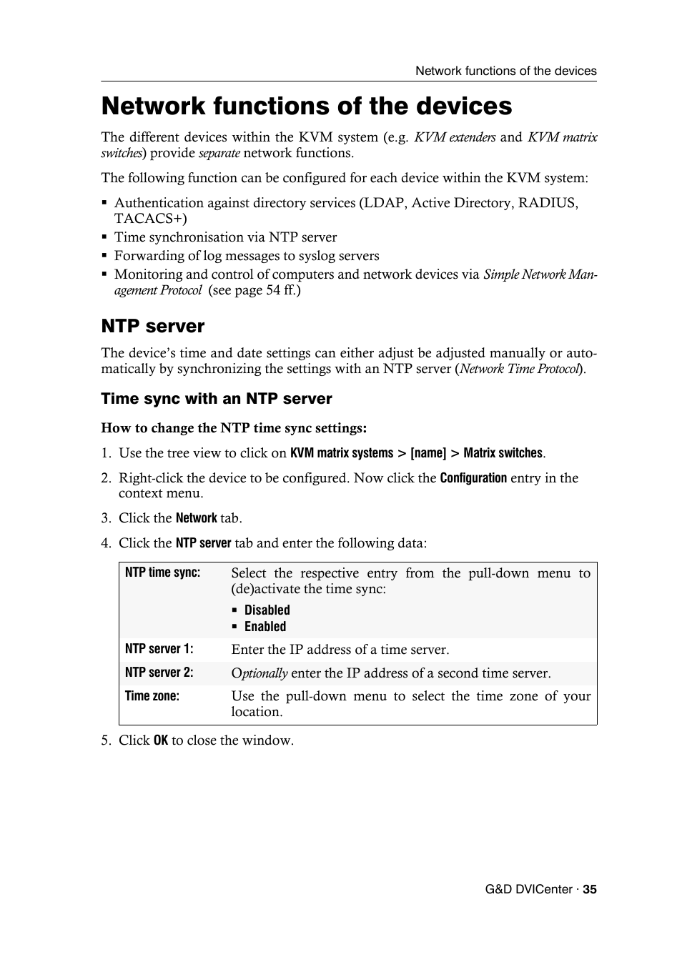 Network functions of the devices, Ntp server, Time sync with an ntp server | Guntermann & Drunck DVICenter DP16 Config Panel User Manual | Page 37 / 196