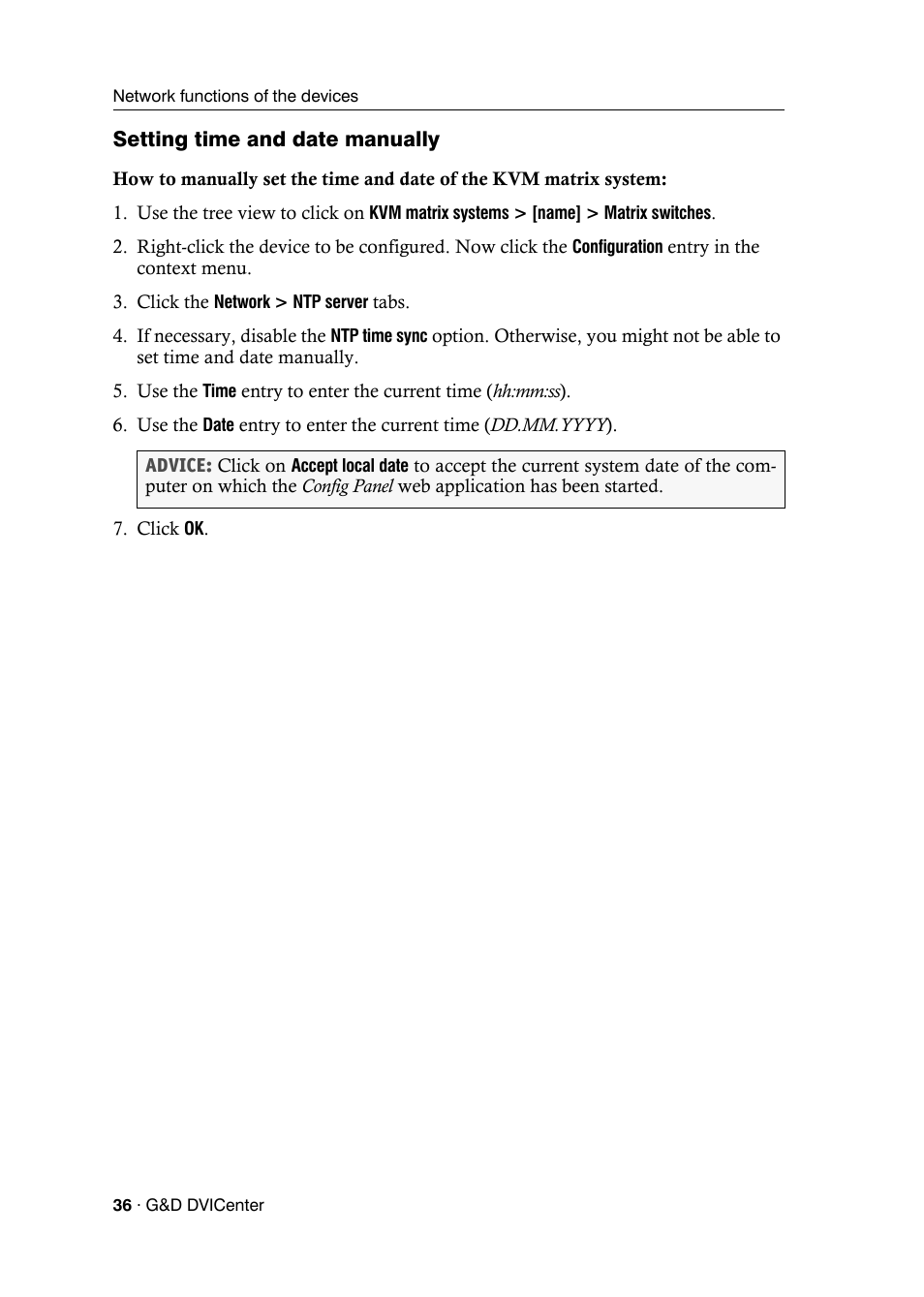 Setting time and date manually | Guntermann & Drunck DVICenter DP16 Config Panel User Manual | Page 38 / 196