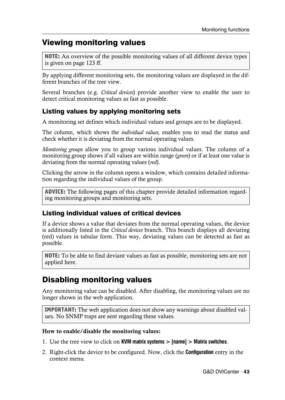 Viewing monitoring values, Listing values by applying monitoring sets, Listing individual values of critical devices | Disabling monitoring values | Guntermann & Drunck DVICenter DP16 Config Panel User Manual | Page 45 / 196
