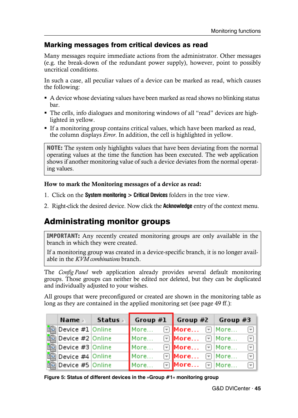 Marking messages from critical devices as read, Administrating monitor groups | Guntermann & Drunck DVICenter DP16 Config Panel User Manual | Page 47 / 196