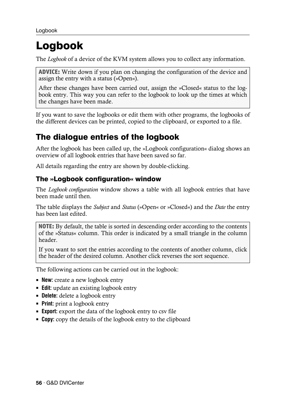 Logbook, The dialogue entries of the logbook, The »logbook configuration« window | Guntermann & Drunck DVICenter DP16 Config Panel User Manual | Page 58 / 196