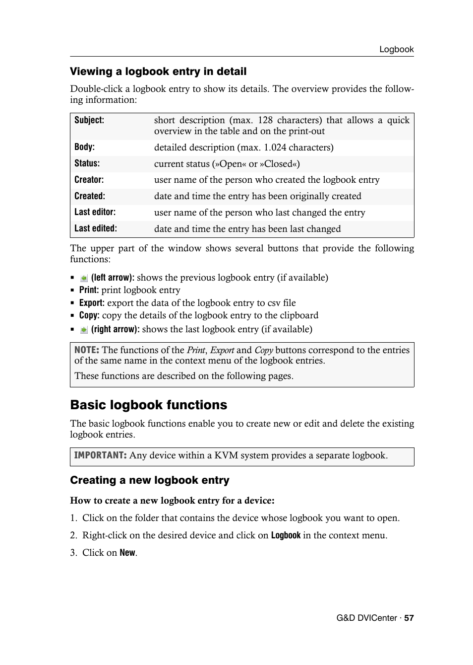 Viewing a logbook entry in detail, Basic logbook functions, Creating a new logbook entry | Guntermann & Drunck DVICenter DP16 Config Panel User Manual | Page 59 / 196