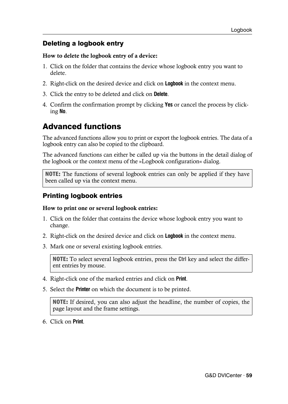 Deleting a logbook entry, Advanced functions, Printing logbook entries | Guntermann & Drunck DVICenter DP16 Config Panel User Manual | Page 61 / 196
