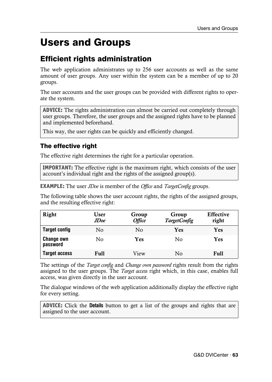 Users and groups, Efficient rights administration, The effective right | Guntermann & Drunck DVICenter DP16 Config Panel User Manual | Page 65 / 196