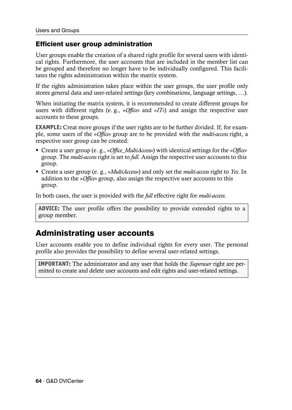 Efficient user group administration, Administrating user accounts | Guntermann & Drunck DVICenter DP16 Config Panel User Manual | Page 66 / 196