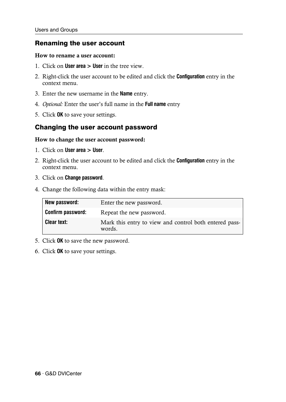 Renaming the user account, Changing the user account password | Guntermann & Drunck DVICenter DP16 Config Panel User Manual | Page 68 / 196