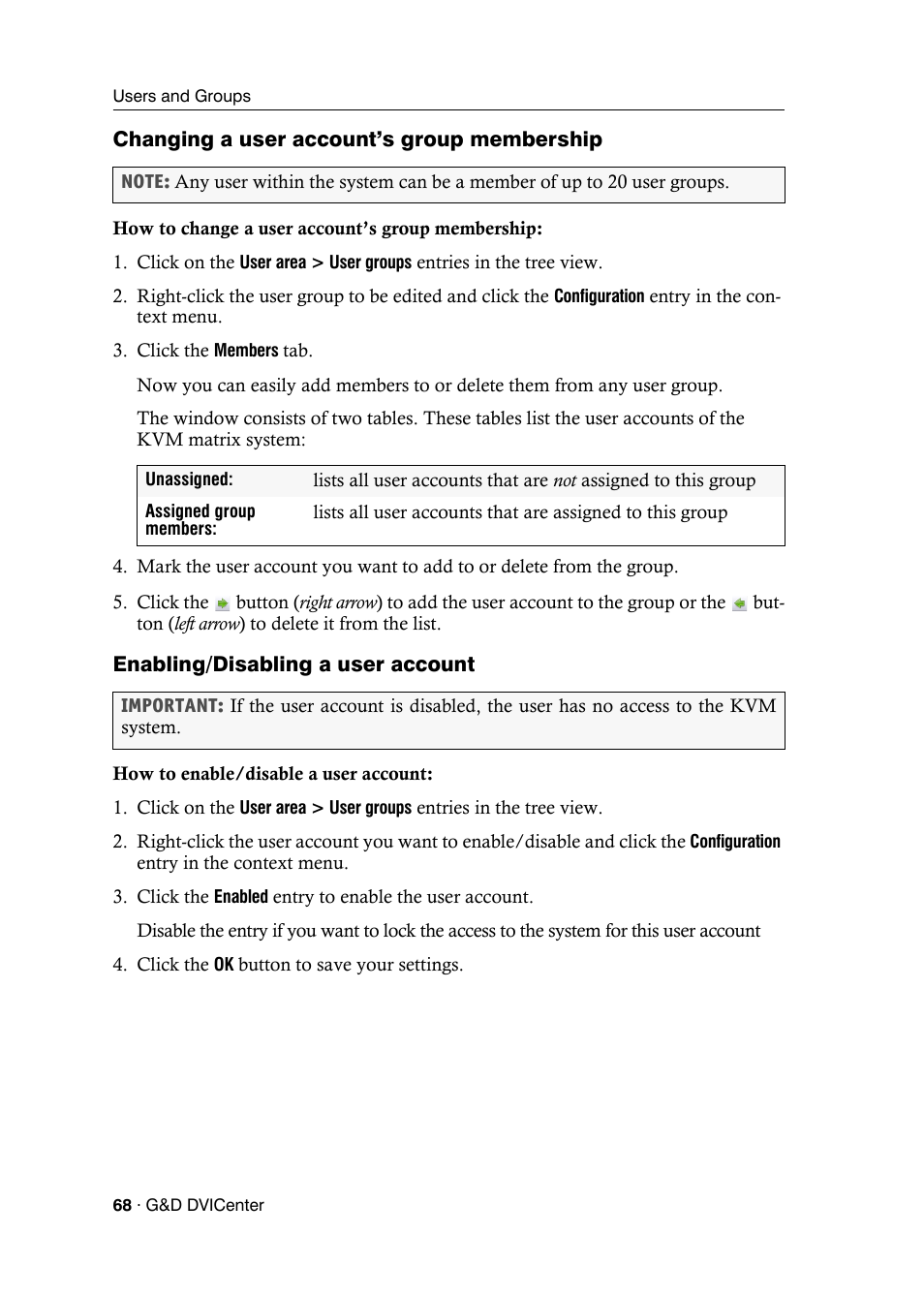 Changing a user account’s group membership, Enabling/disabling a user account | Guntermann & Drunck DVICenter DP16 Config Panel User Manual | Page 70 / 196