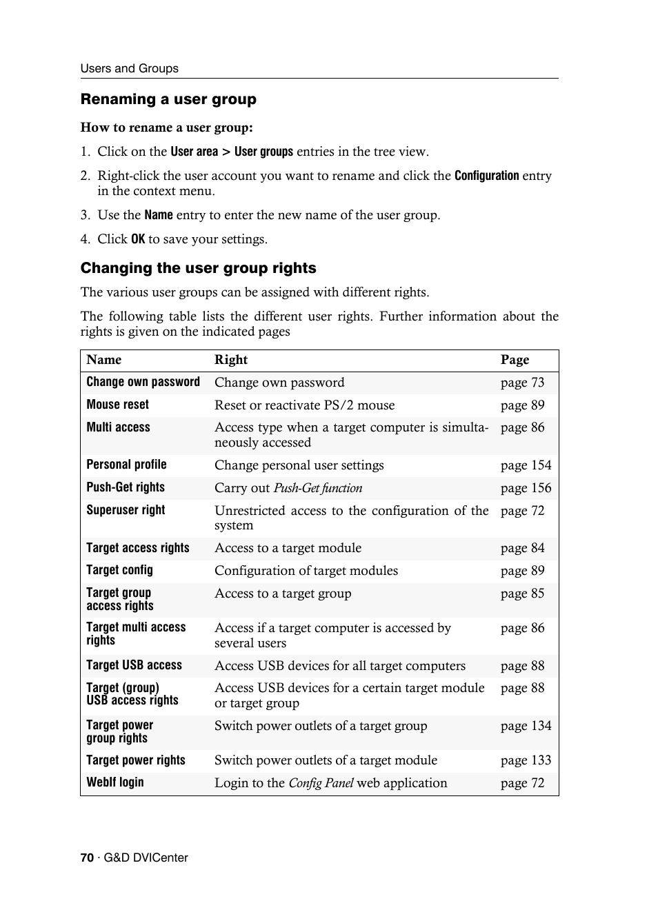 Renaming a user group, Changing the user group rights | Guntermann & Drunck DVICenter DP16 Config Panel User Manual | Page 72 / 196