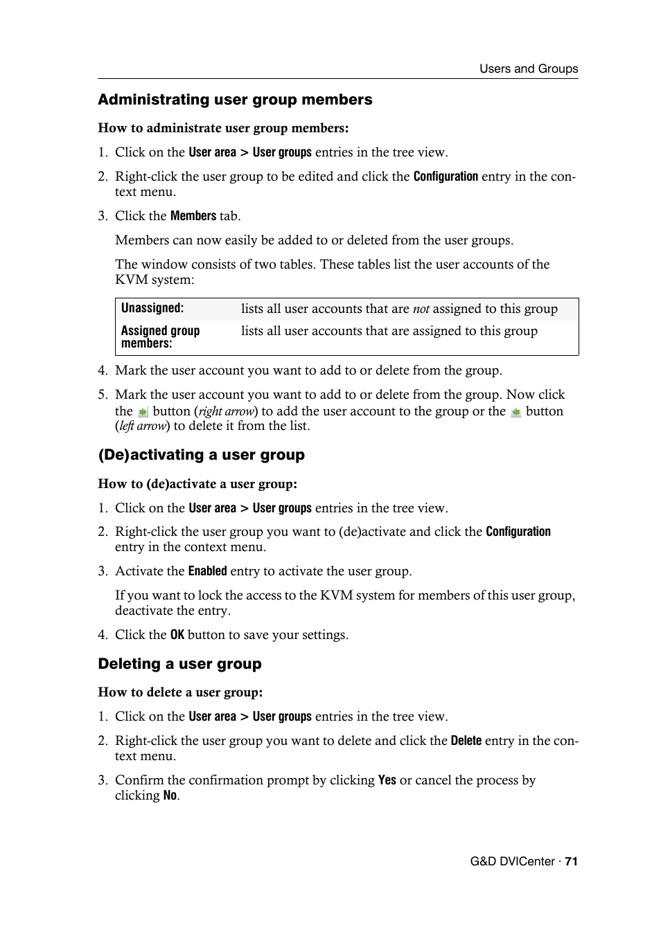 Administrating user group members, De)activating a user group, Deleting a user group | Guntermann & Drunck DVICenter DP16 Config Panel User Manual | Page 73 / 196