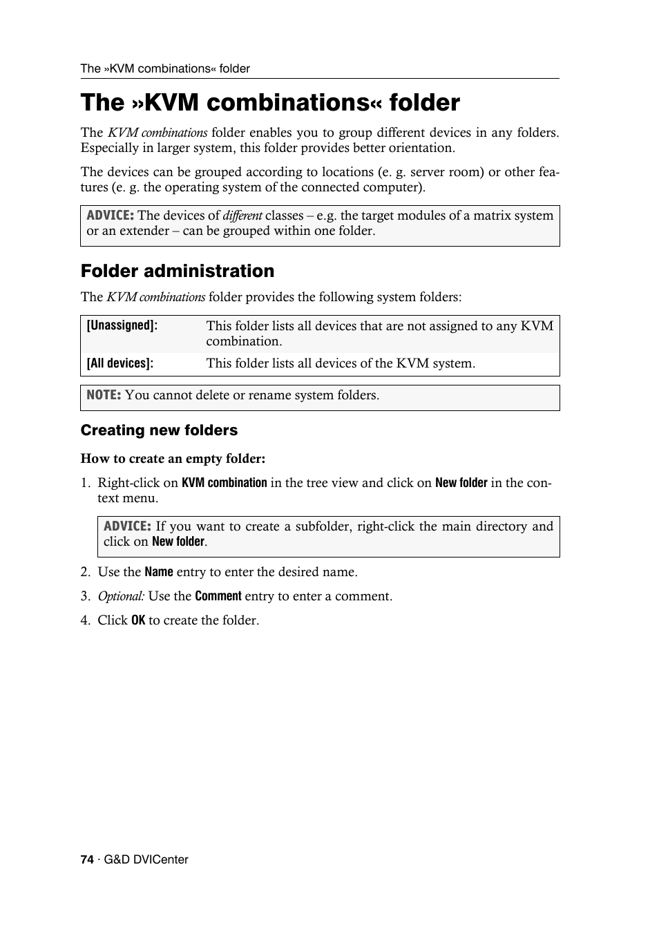 The »kvm combinations« folder, Folder administration, Creating new folders | Guntermann & Drunck DVICenter DP16 Config Panel User Manual | Page 76 / 196