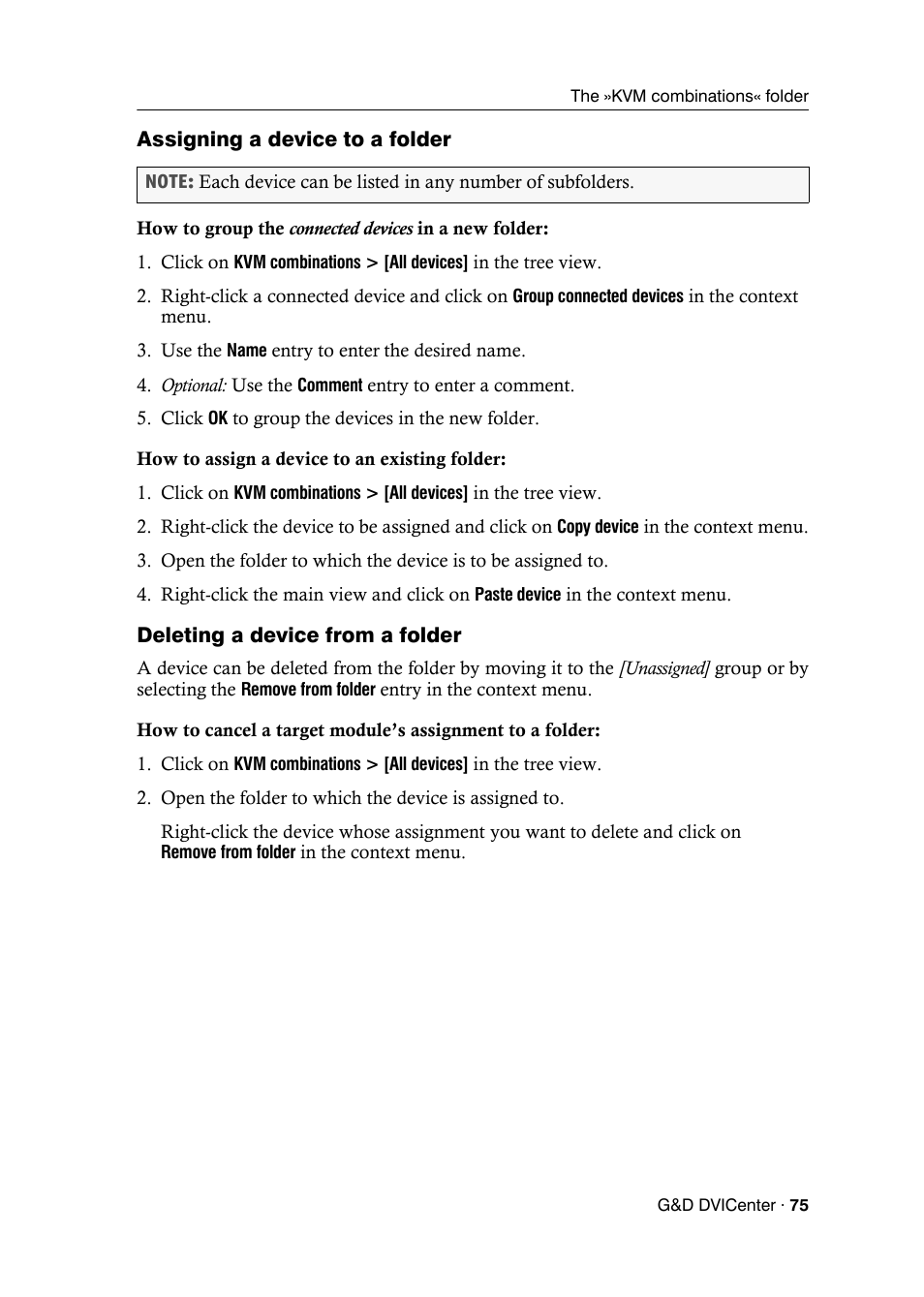 Assigning a device to a folder, Deleting a device from a folder | Guntermann & Drunck DVICenter DP16 Config Panel User Manual | Page 77 / 196
