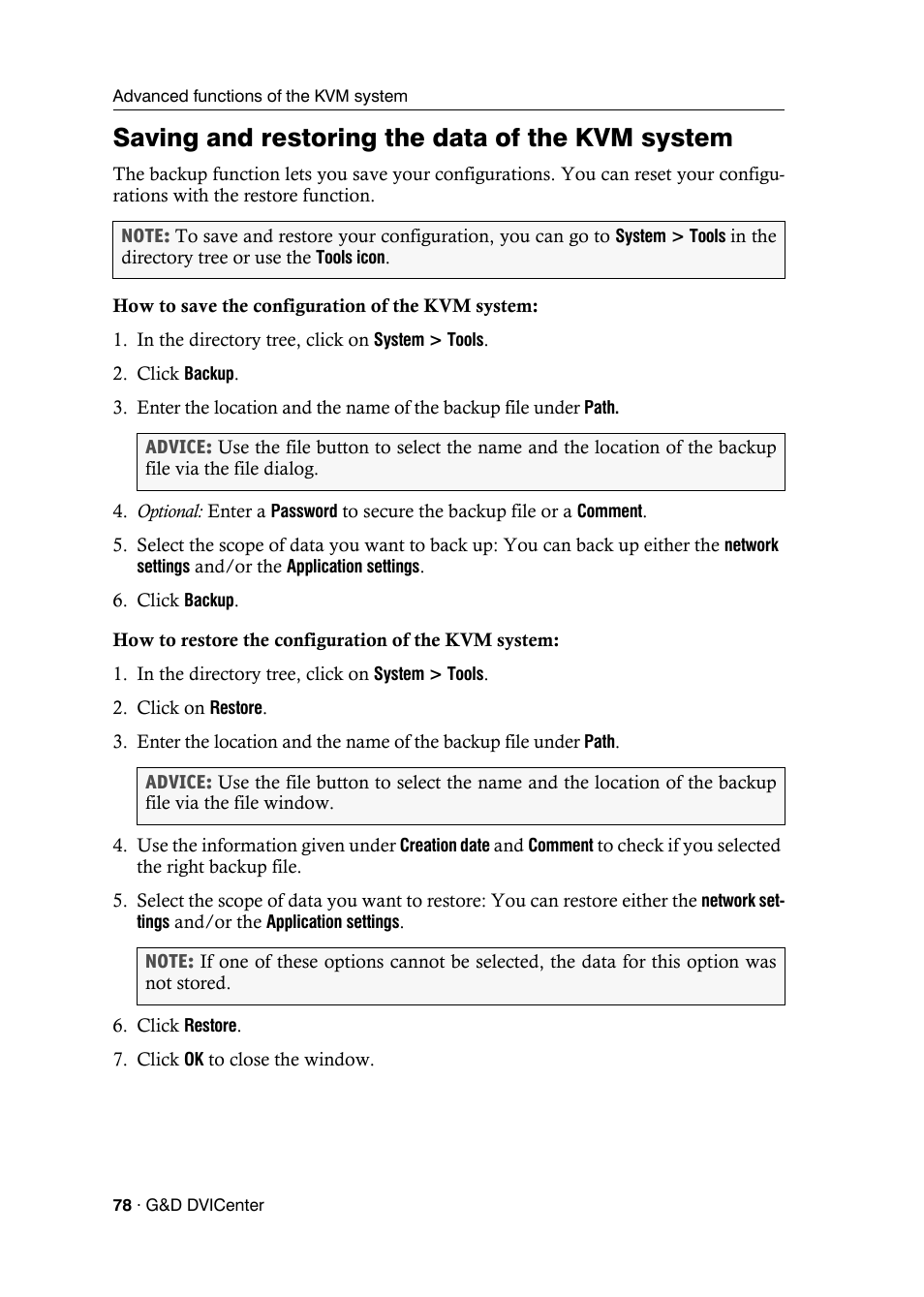 Saving and restoring the data of the kvm system | Guntermann & Drunck DVICenter DP16 Config Panel User Manual | Page 80 / 196