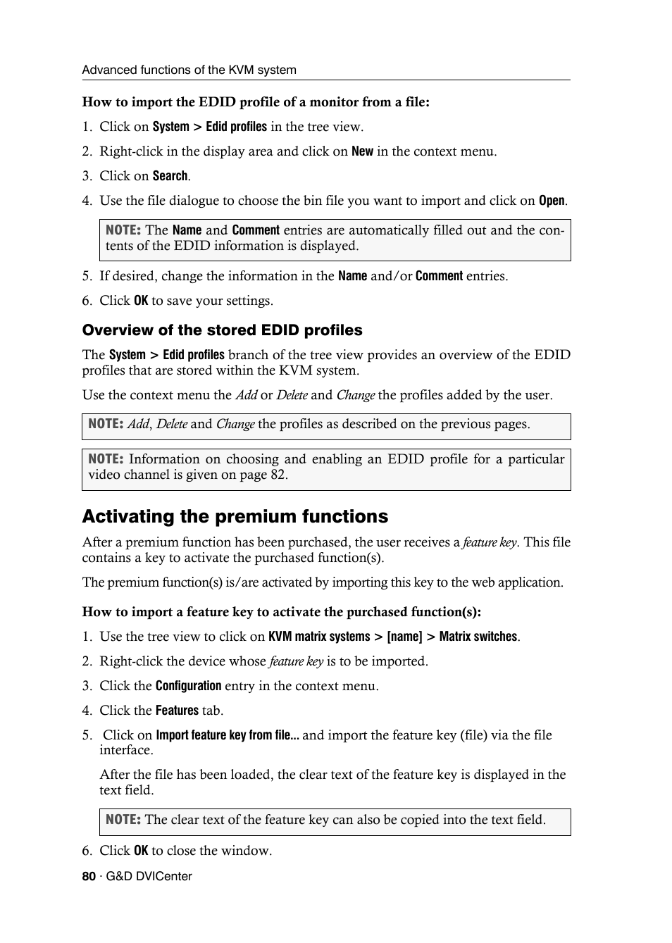 Overview of the stored edid profiles, Activating the premium functions | Guntermann & Drunck DVICenter DP16 Config Panel User Manual | Page 82 / 196