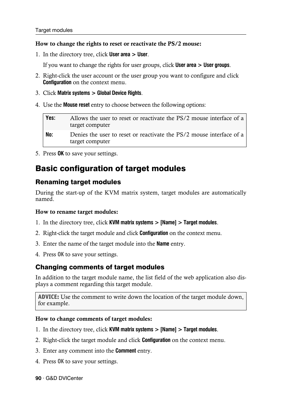 Basic configuration of target modules, Renaming target modules, Changing comments of target modules | Guntermann & Drunck DVICenter DP16 Config Panel User Manual | Page 92 / 196