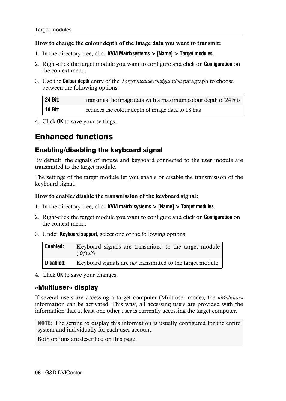 Enhanced functions, Enabling/disabling the keyboard signal, Multiuser« display | Guntermann & Drunck DVICenter DP16 Config Panel User Manual | Page 98 / 196