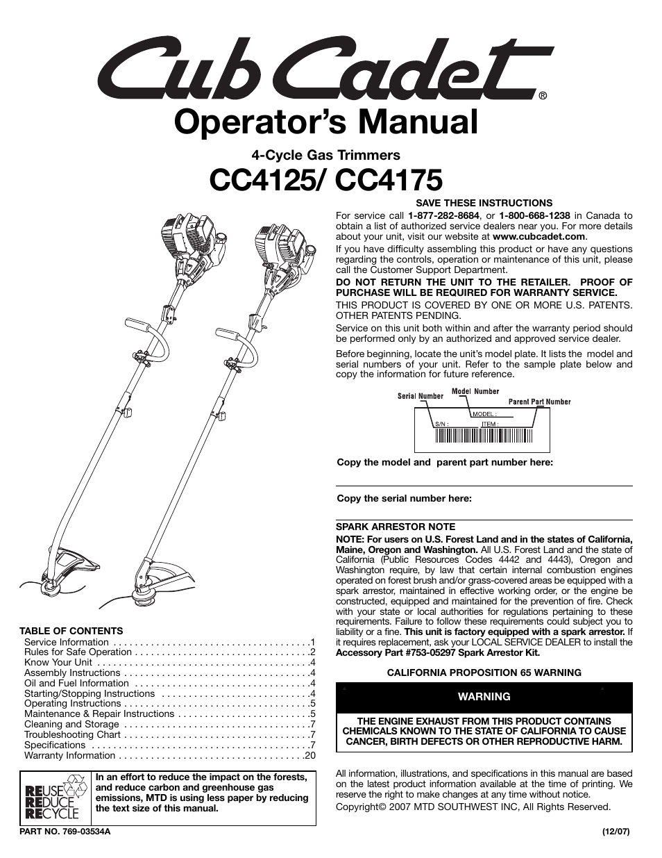Cub Cadet CC4125 User Manual | 20 pages