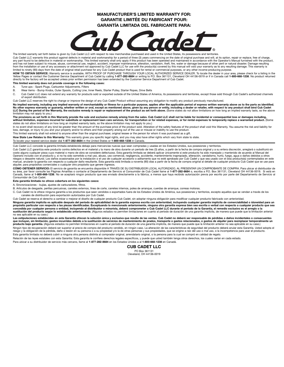 Cub cadet llc | Cub Cadet CC4125 User Manual | Page 20 / 20