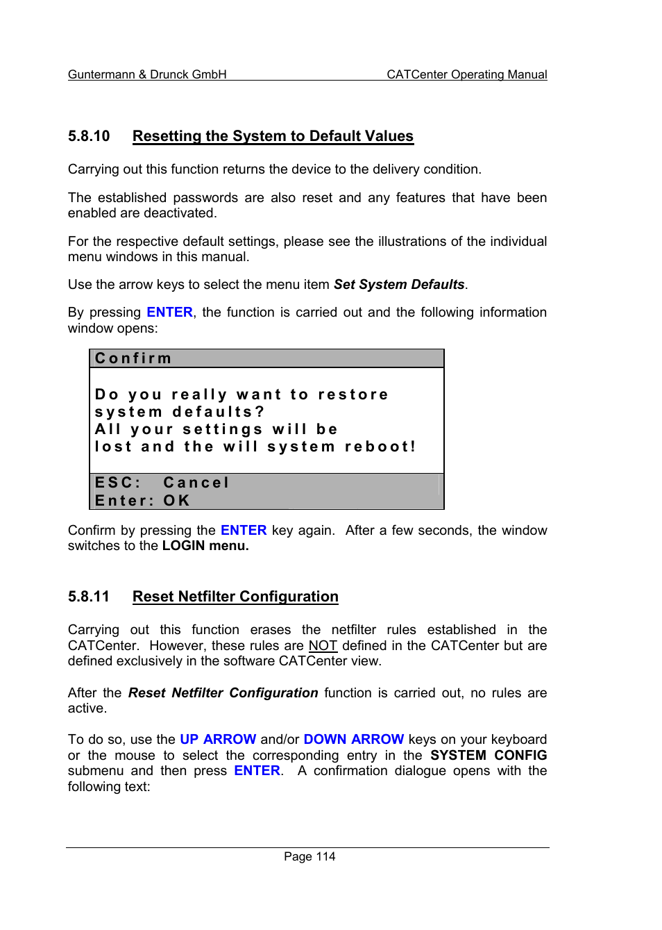 10 resetting the system to default values, 11 reset netfilter configuration | Guntermann & Drunck CATCenter X systems Operation User Manual | Page 114 / 132