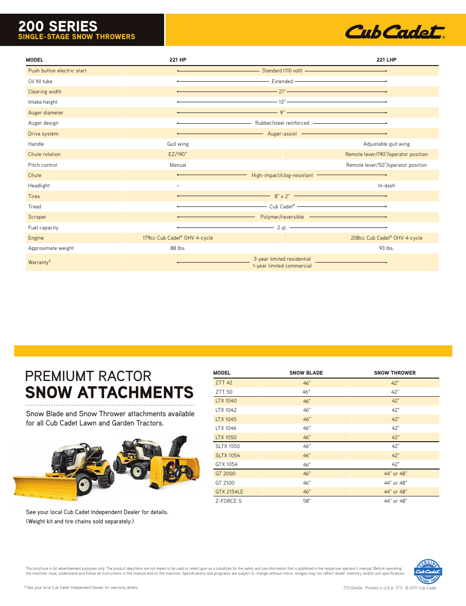 Snow attachments, 200 series, Premium t ractor | Single-stage snow throwers | Cub Cadet 221 HP User Manual | Page 2 / 2