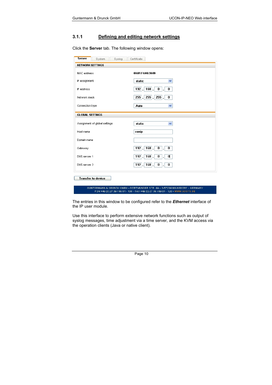 1 defining and editing network settings, Defining and editing network settings | Guntermann & Drunck UCON-IP-NEO Web Interface User Manual | Page 10 / 48