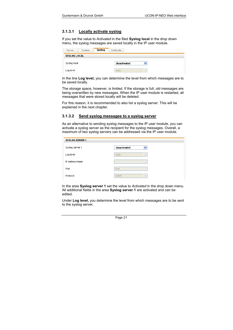 1 locally activate syslog, 2 send syslog messages to a syslog server, Locally activate syslog | Send syslog messages to a syslog server | Guntermann & Drunck UCON-IP-NEO Web Interface User Manual | Page 21 / 48