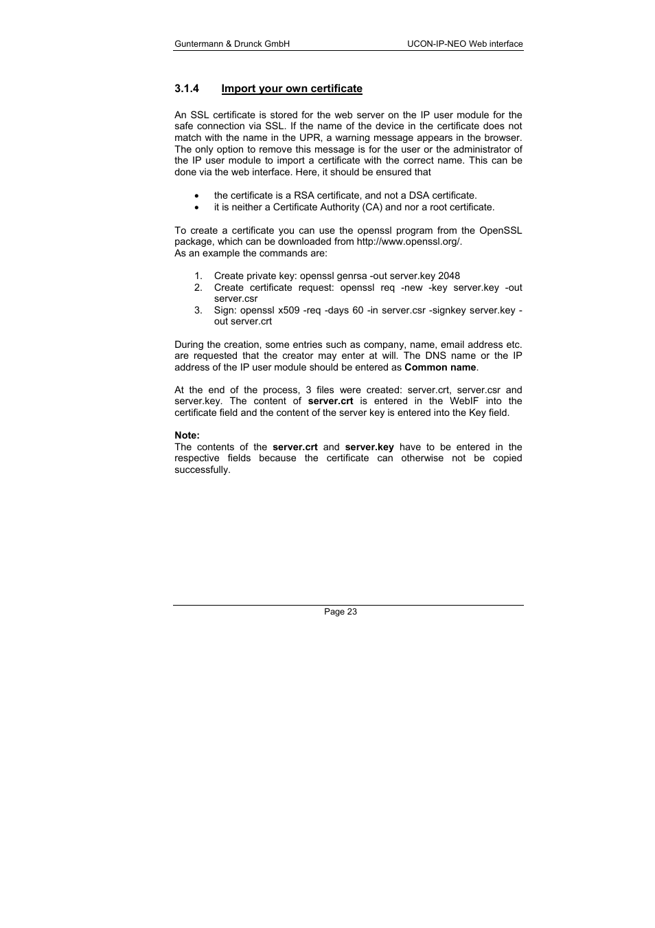 4 import your own certificate, Import your own certificate | Guntermann & Drunck UCON-IP-NEO Web Interface User Manual | Page 23 / 48