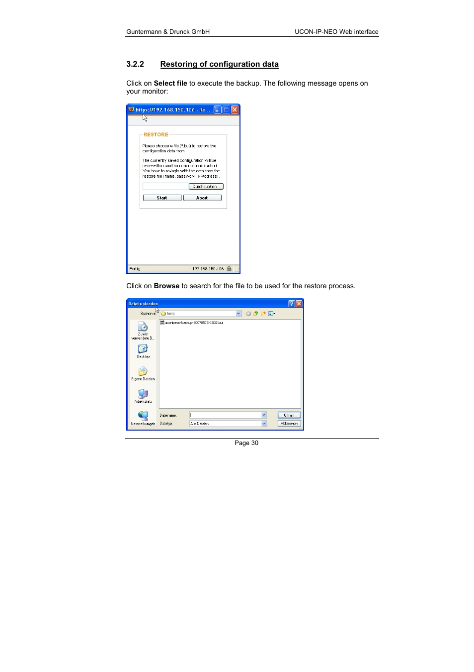 2 restoring of configuration data, Restoring of configuration data | Guntermann & Drunck UCON-IP-NEO Web Interface User Manual | Page 30 / 48