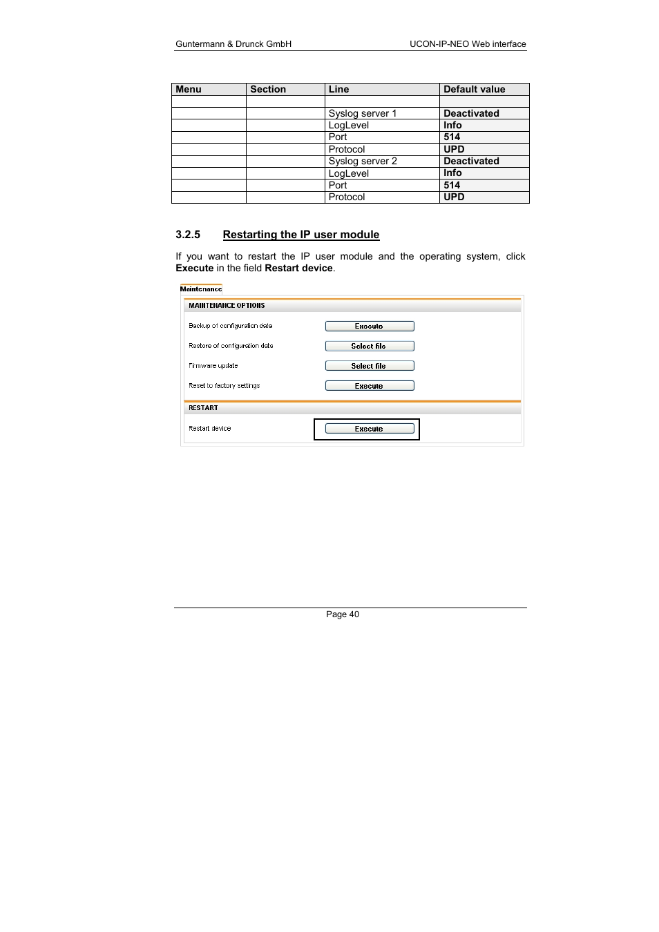5 restarting the ip user module, Restarting the ip user module | Guntermann & Drunck UCON-IP-NEO Web Interface User Manual | Page 40 / 48
