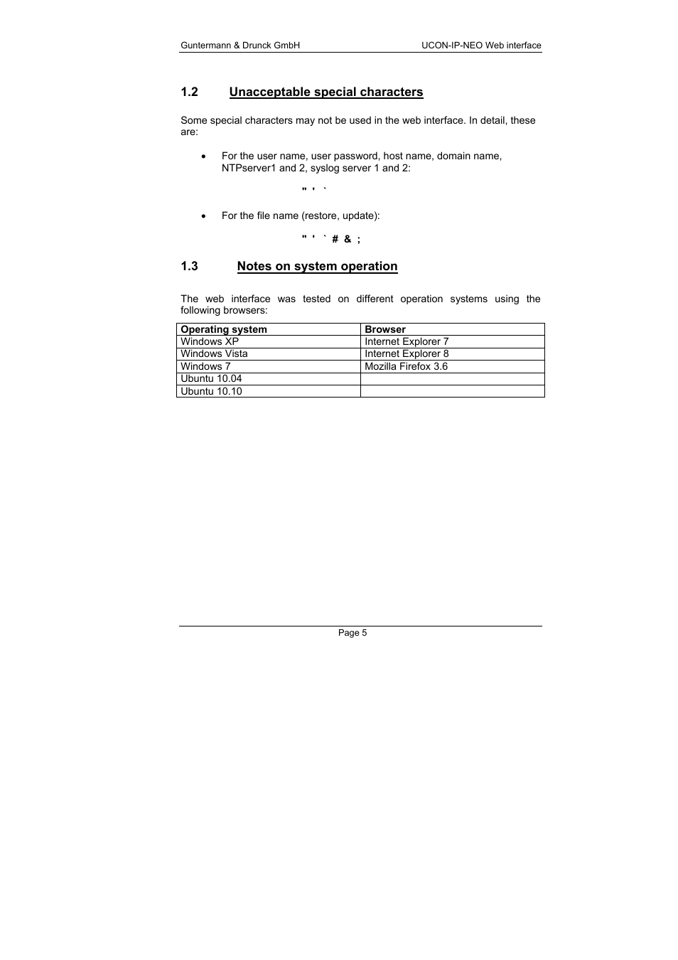 2 unacceptable special characters, 3 notes on system operation, Unacceptable special characters | Notes on system operation | Guntermann & Drunck UCON-IP-NEO Web Interface User Manual | Page 5 / 48