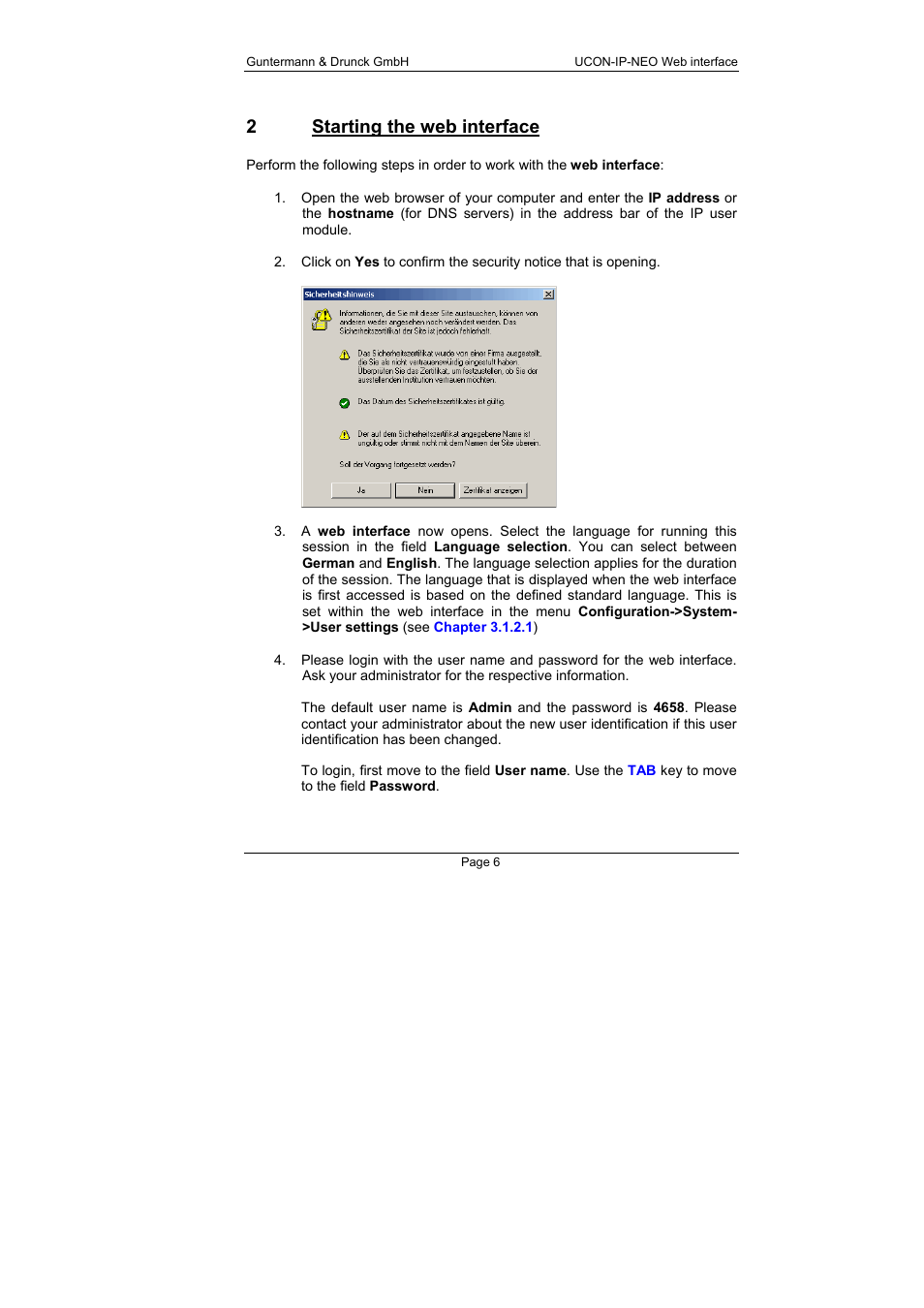 2 starting the web interface, Starting the web interface, 2starting the web interface | Guntermann & Drunck UCON-IP-NEO Web Interface User Manual | Page 6 / 48