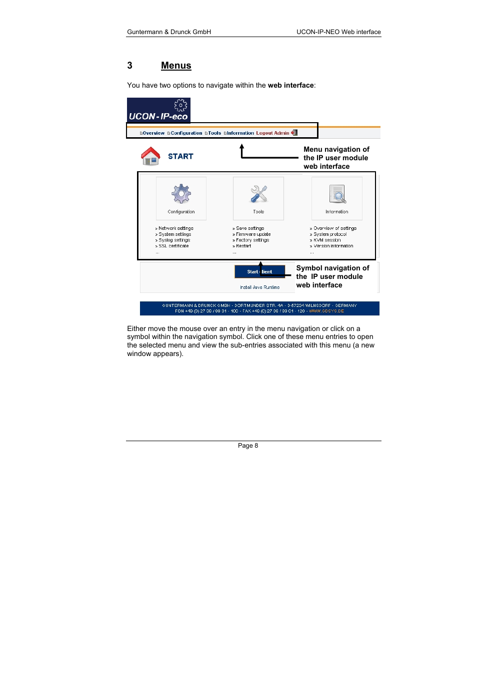 3 menus, Menus, 3menus | Guntermann & Drunck UCON-IP-NEO Web Interface User Manual | Page 8 / 48