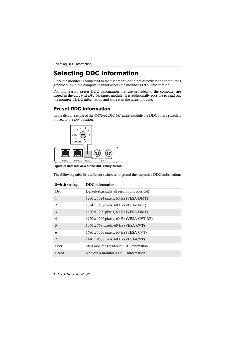 Selecting ddc information, Preset ddc information | Guntermann & Drunck CATpro2-DVI User Manual | Page 10 / 16