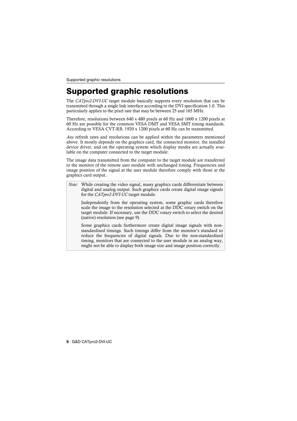 Supported graphic resolutions | Guntermann & Drunck CATpro2-DVI User Manual | Page 12 / 16