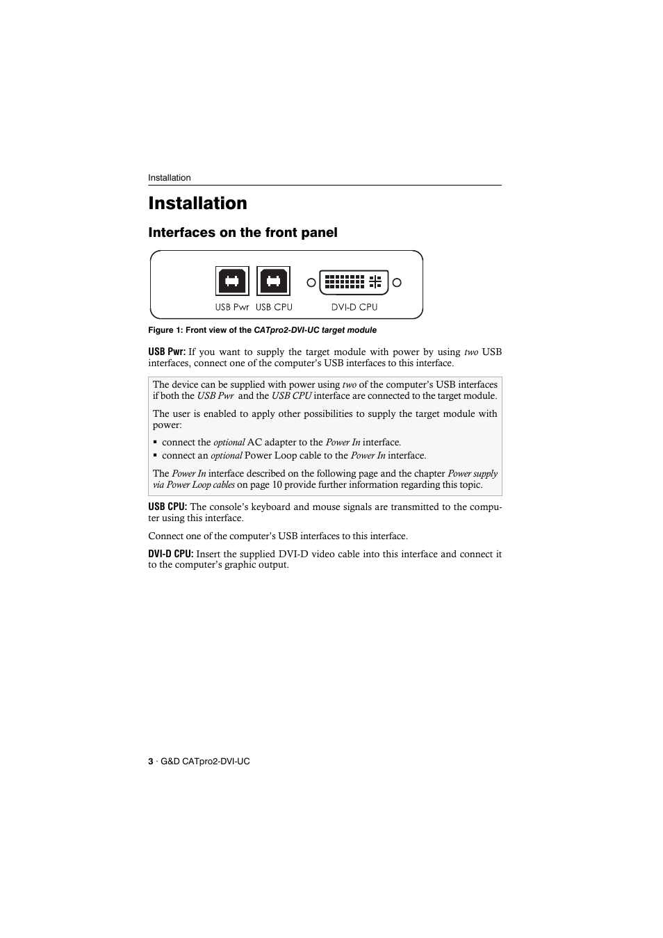 Installation, Interfaces on the front panel | Guntermann & Drunck CATpro2-DVI User Manual | Page 6 / 16