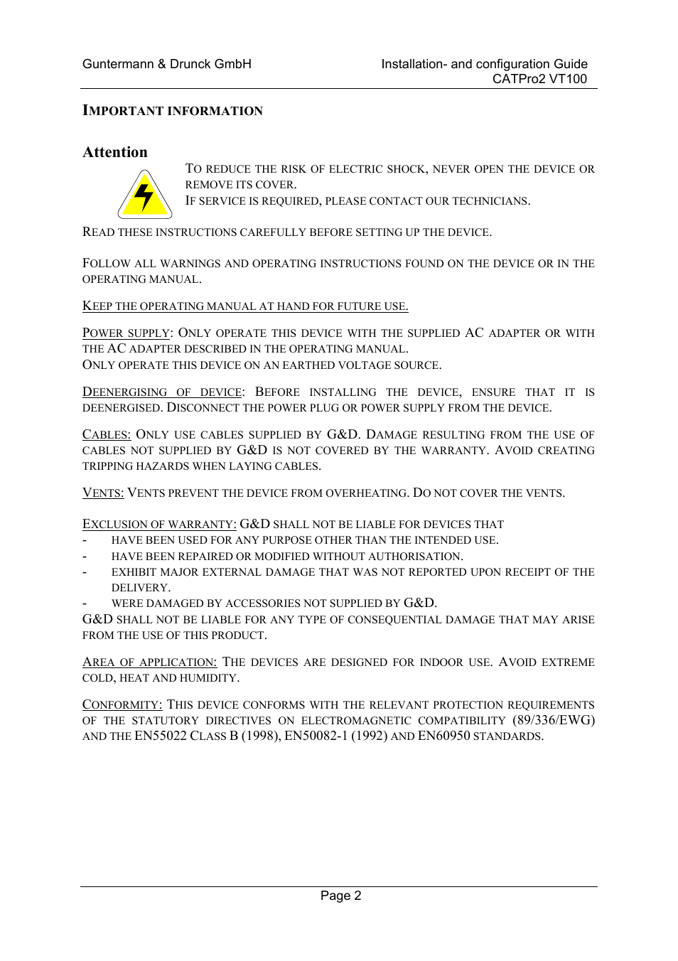 Attention | Guntermann & Drunck CATpro2-VT100 User Manual | Page 2 / 20