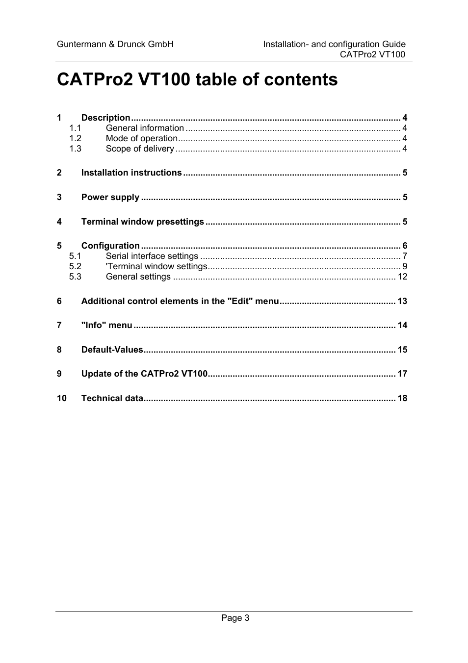 Catpro2 vt100 table of contents | Guntermann & Drunck CATpro2-VT100 User Manual | Page 3 / 20